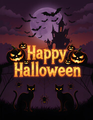 Dark Halloween Greeting with Haunted House and Bats.