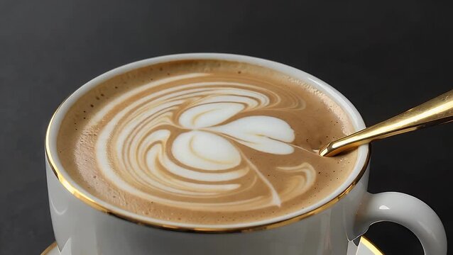 homogenized and velvety prepared coffee beverage with milk presented in aesthetically pleasing vessel accompanied by metallic spoon, displaying intricate patterns on the surface, and possessing poten