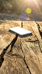 Tablet on weathered wood in sunlight