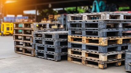 Fototapeta premium Stacked Wooden Pallets in Warehouse with Sunlight Creating Warm Glow in Industrial Environment