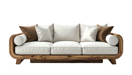 Modern three-seater sofa displays a minimalist design featuring white cushions, brown accent pillows, and natural wood construction against a stark black background, showcasing comfort and elegance.