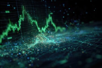 Dynamic, glowing green stock chart with data points on a dark, abstract background