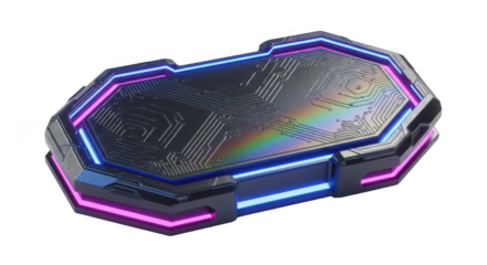 Futuristic sci fi crate with neon lights isolated on transparent background