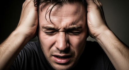 Man Experiencing Headache or Stress, Holding Head with Hands, Close-up