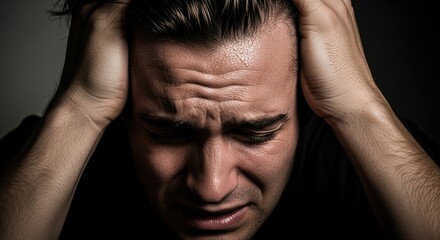 Man in distress holding head with hands, experiencing headache or stress