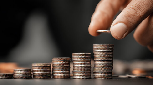 Hand adding coin to rising stacks representing personal savings habit wealth building and financial discipline, illustrating incremental progress and long term goals.
