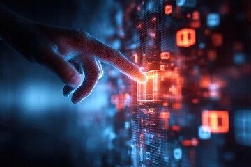 Hand pointing at glowing cube within abstract, digital network of interconnected data points, mostly dark