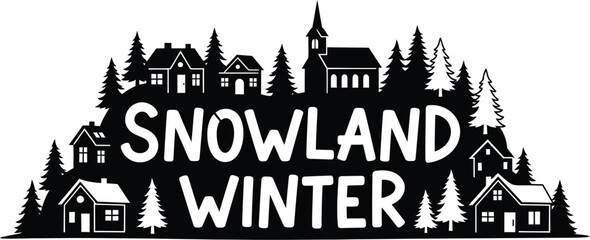 Obraz premium Snowland winter scene with houses and trees silhouette art