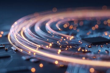 Close-up of a circuit board with a chip and glowing light trails in an abstract design