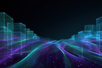 Abstract rendering of data flow and translucent city structures against a dark backdrop