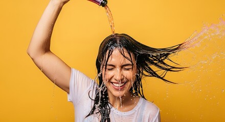 Woman's Joyful Expression as Liquid Cascades Over Her Against a