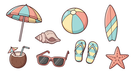 Summer Beach Fun Icon Set Tropical Vacation Essentials Umbrella Surfboard Coconut Drink Sunglasses Flip Flops Starfish Seashell Beach Ball
