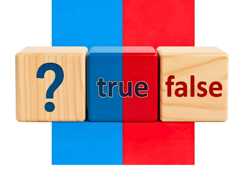 Three wooden blocks with true false and question mark isolated on transparent background