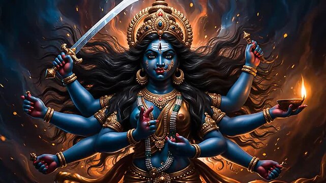 Divine Goddess Kali with Multiple Arms and Sword.
