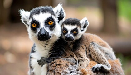 Fototapeta premium Close-up of a lemur mother and baby