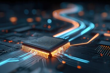 Close-up view of a computer chip with glowing orange and blue data streams