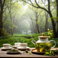 Tea set in a misty forest