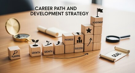 Wooden Blocks Depicting Career Path and Development Strategy wit