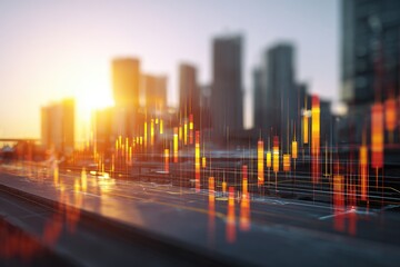 Overlaid stock market graph over a blurred cityscape during sunrise/sunset with warm hues