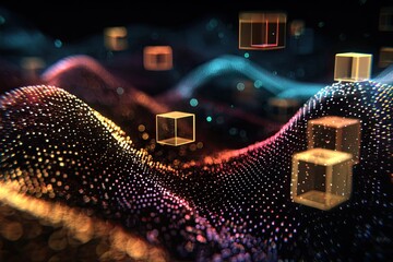 Abstract digital art featuring translucent cubes floating above a vibrant, textured landscape