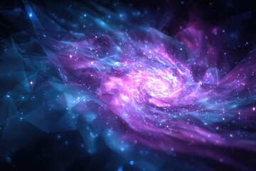 Abstract, glowing, nebulous galaxy spiral in shades of purple and blue, with star-like particles