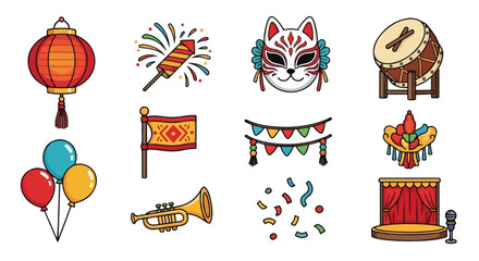 Chinese New Year Celebration Icon Set Lanterns Fireworks Masks Drums Balloons Flags Garlands Costumes Trumpets Confetti Stage