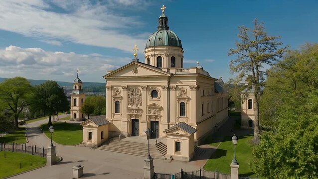 Panoramic outlook from above at notable European cathedral situated in city renowned for its musical history on pleasant daylight occasion.