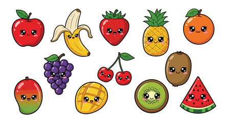 Adorable Kawaii Fruit Collection Vector Illustrations of Happy Apple Banana Strawberry Pineapple Orange Grapes Cherries Kiwi Mango and Watermelon
