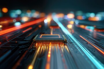 Close-up of a detailed circuit board, processor chip with glowing lines, blurred lights in background