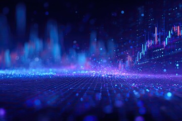 A digital abstract visual displaying shimmering data streams and bar graphs in shades of blue and red