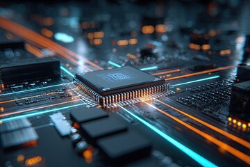 Macro shot of a microchip on a motherboard with data streams and a blurred background