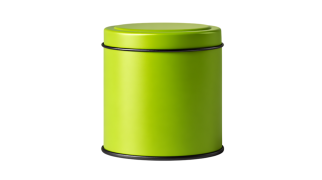 Green cylindrical tin container with lid isolated on transparent background