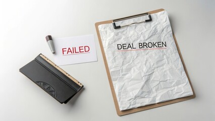 Obraz premium Work Document on Desk with Failed Deal Note and Business Clip Board, Concept of Business Setback and Rejection