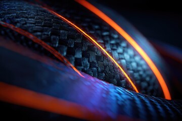Close-up of textured, woven dark material with orange and blue glowing light effects