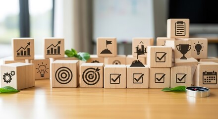 Wooden Blocks Displaying Business Strategy Icons on a Wooden Tab
