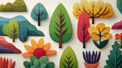 Naklejka premium corporate retreat travel design. Colorful paper cutouts of various trees and plants arranged artistically.