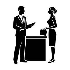 Silhouette of a man in suit talking to a woman with briefcase by a counter top