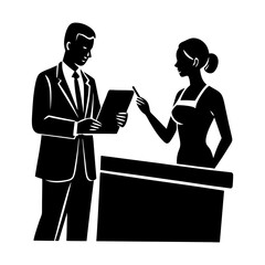 Man in suit holding clipboard interacting with a woman at a counter silhouette