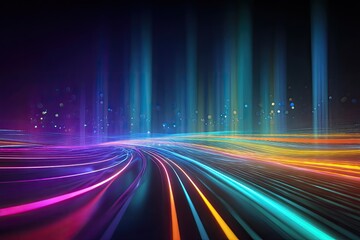 Dynamic abstract image showcasing vibrant, neon-colored light streaks, trails, and vertical beams