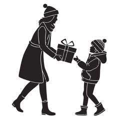 Mother and child christmas celebration. Mother and child gift giving silhouette. Christmas silhouette. Christmas gifts giving silhouette. Gift giving silhouette 