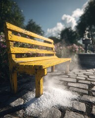 Obraz premium Yellow Wooden Park Bench In Garden With Cleaning Spray