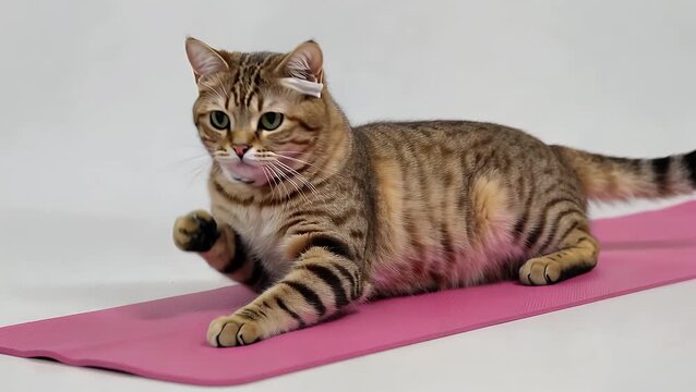 feline of pale brownish-yellow color engaging in physical postures and breathing exercises for mental and physical discipline, specifically the fourth pose; the beige cat sports enthusiast wearing at