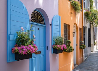 Naklejka premium Rainbow Row Homes: A vibrant streetscape in Charleston, South Carolina with colorful houses