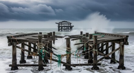 Stormy Sea and Ruined Pier with Crashing Waves under Dark Clouds
