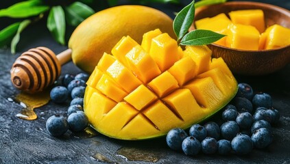 Fresh mango cut intricately w/ blueberries and leaf garnish