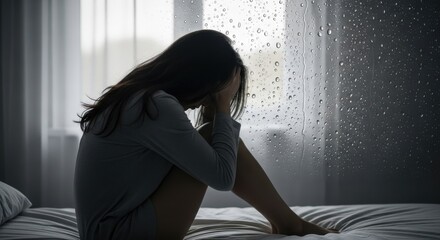 Woman Sitting on Bed by Rainy Window, Feeling Sad or Reflective