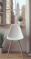 White chair by window, city view & plants