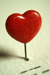 Red heart-shaped pin stuck in white paper, close-up