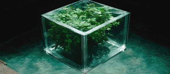 Plant inside clear cube, shadowy background