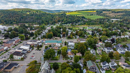 Greene, NY, USA - September 14, 2025 - Afternoon aerial mage of the area surrounding the Village of Greene, Chenango County, NY.